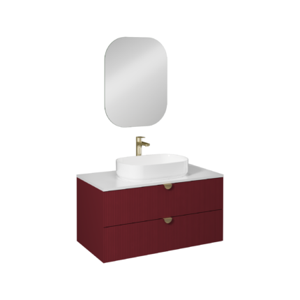 Isvea Infinity Kuvars Tezgahlı, İnoks Kulplu Lavabo Ünitesi, 100 cm, Yakut Kırmızı, Beyaz Lavabolu - 21IFS748111I - Banyo Dolapları