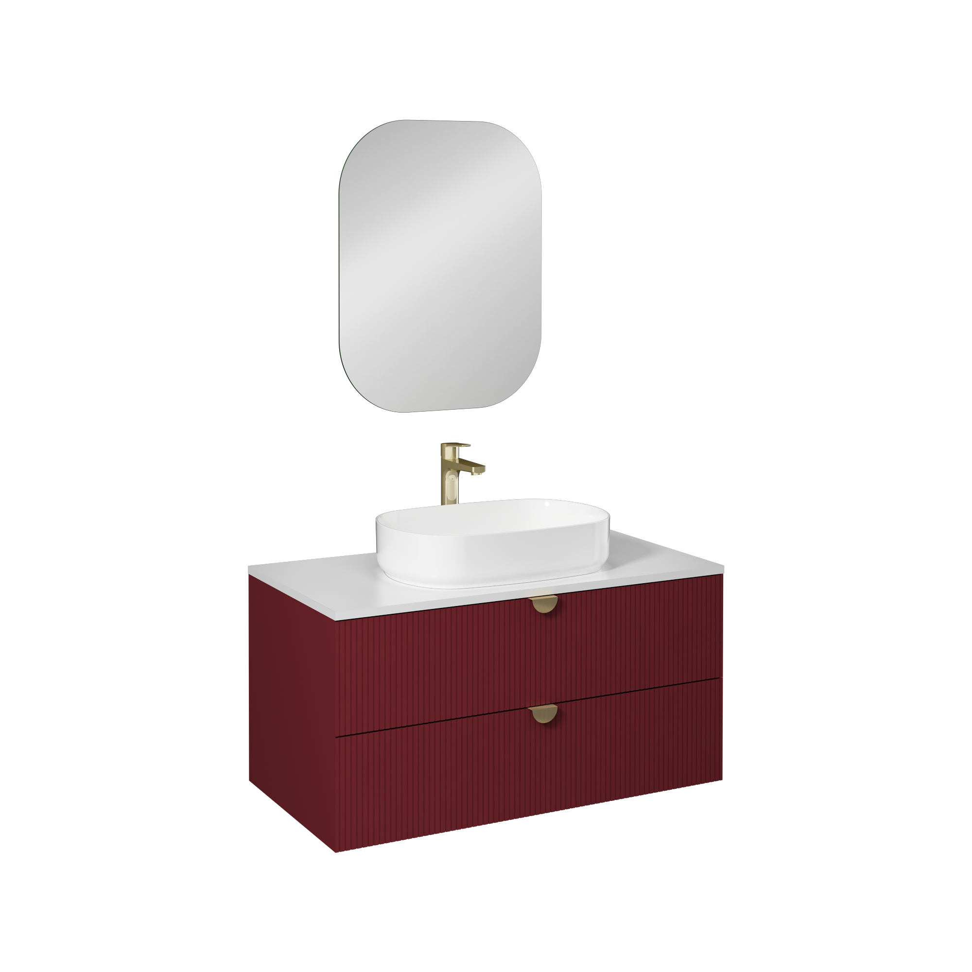 Isvea Infinity Kuvars Tezgahlı, İnoks Kulplu Lavabo Ünitesi, 100 cm, Yakut Kırmızı, Beyaz Lavabolu