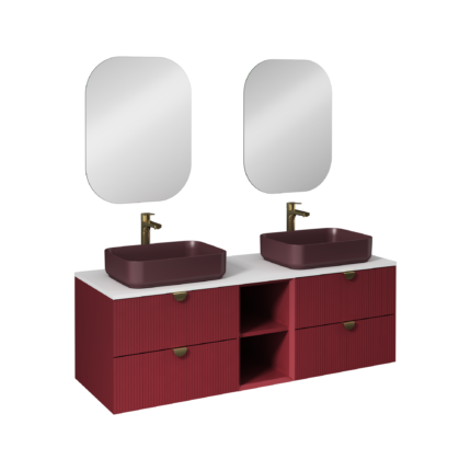 Isvea Infinity Kuvars Tezgahlı, İnoks Kulplu Lavabo Ünitesi, 150 cm, Yakut Kırmızı, Rustik Bordo Lavabolu - 21IFS748162I - Banyo Dolapları