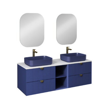 Isvea Infinity Kuvars Tezgahlı, İnoks Kulplu Lavabo Ünitesi, 150 cm, Gece Mavisi, Isvea Mavisi Lavabolu - 21IFS772162I - Banyo Dolapları