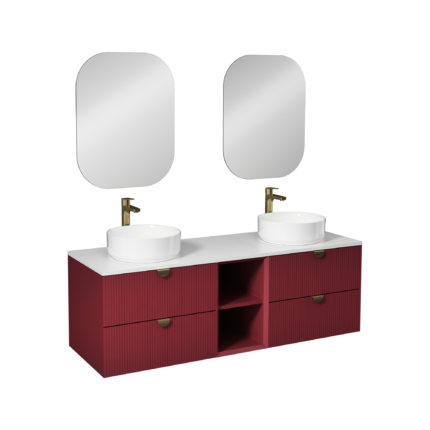 Isvea Infinity Kuvars Tezgahlı, İnoks Kulplu Lavabo Ünitesi, 150 cm, Yakut Kırmızı, Beyaz Lavabolu - 21IFS748161I - Banyo Dolapları