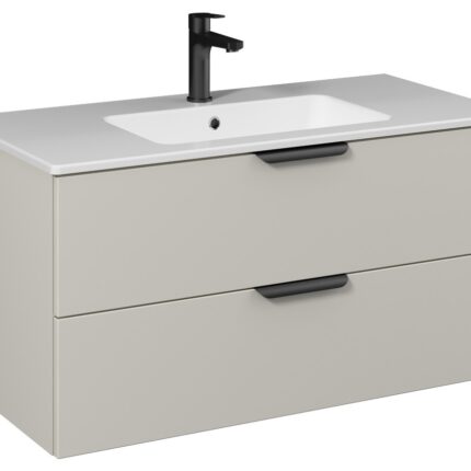 Isvea Liv Lavabo Ünitesi, Çift Çekmeceli, Siyah Kulplu, 100 cm, Soft Touch Yüzey, Açık Kumbeji - 24LVS211100I - Banyo Dolapları