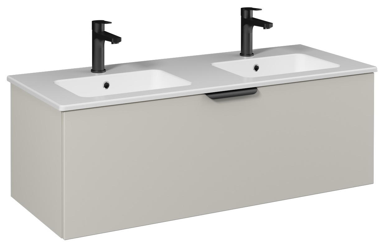 Isvea Liv Çift Hazneli Lavabo Ünitesi, Tek Çekmeceli, Siyah Kulplu, 120 cm, Soft Touch Yüzey, Açık Kumbeji